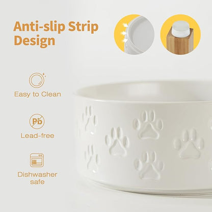 Elevated Ceramic Dog Bowls, 7.3" Dog Dishes with Stand, 5 Cup Elevated Food & Water Bowls for Medium Sized Dogs, Microwave Safe (Double Bowls + Stand - White, 7.3 inch)