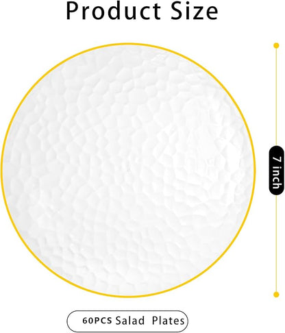 Rubtlamp 60 Pcs Clear Plastic Dessert Plates, Hammered Party Plates, Disposable Heavy Duty Salad/Dessert Platos,Clear Party Platos, Gold Plastic Appetizer Platos Disposable For All Occasions