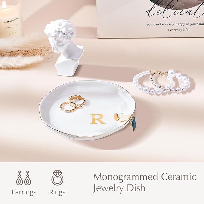 ProCase Ceramic Jewelry Tray, Initial Ring Dish Trinket Plate Engagement Gift, Small Personalized Monogram Ring Bowl for Wedding, White Decorative Jewelry Holder for Women Vanity -Letter R