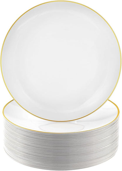 100 PCS Gold and White Plastic Plates, 10 inch White Disposable Plates for Party, Plastic Dinner Plates for Party, Graduation, Birthday, Wedding