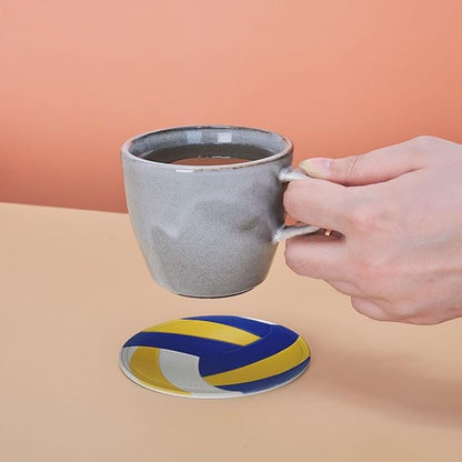 Volleyball Coasters for Drinks with Holder Round Leather Coasters Set of 6 Cups Mugs Mat Pad for Home Kitchen Bar