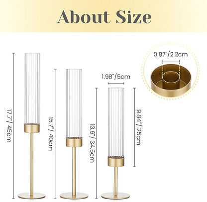 Hewory Gold Hurricane Candle Holders: Brass Candlestick Holders Set of 6 Tall Taper Candle Holders for Candlesticks Candle Sticks Holder Decor for Table Centerpiece Wedding Party Christmas Decorations