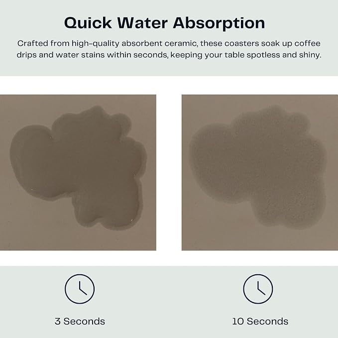 Set of 6 Taupe Coasters with Holder, Absorbent Ceramic Drink Coasters with Cork - Image 3