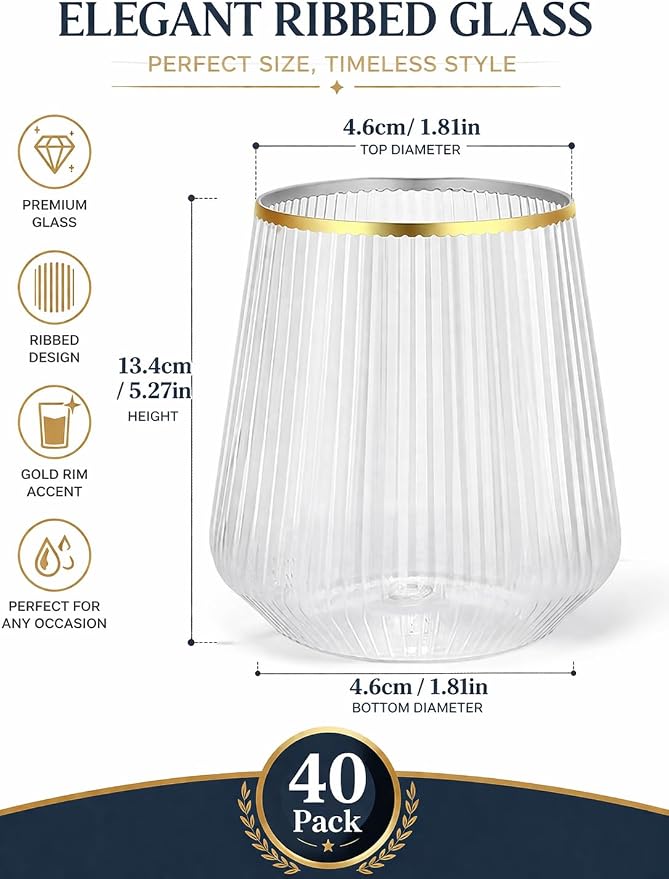 40 Pack 12oz Ribbed Gold Rim Disposable Wine Glasses, Plastic Cocktail Cup | - Image 4