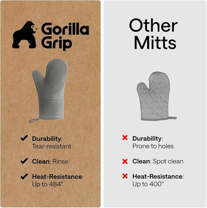 GORILLA GRIP BPA-Free Soft Silicone Oven Mitts, 14.5x8.3, Heat Resistant and Waterproof Cooking Gloves, Thick Cotton Lining, Flexible Gripping for Baking Grilling, Kitchen Potholders Set of 2, Gray