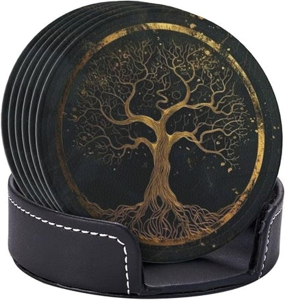 Drink Coasters with Holder Stand Set of 6, Marble Gold Tree of Life Pu Leather - Image 2