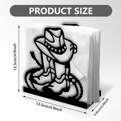 Cowboy Boot Decorative Black Metal Napkin Holder for Table, 4.9" x 4.9" x 2" Western Hat Lasso Standing Napkin Holder for Home Kitchen Restaurant Picnic Party Coffee Bar Dining Room