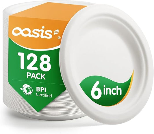 6 Inch 128 Pack Compostable Disposable Paper Plates, Small Dessert Plates, Heavy Duty Sugarcane Bagasse, Biodegradable Eco-Friendly, Perfect for Kids Meals & Parties, White
