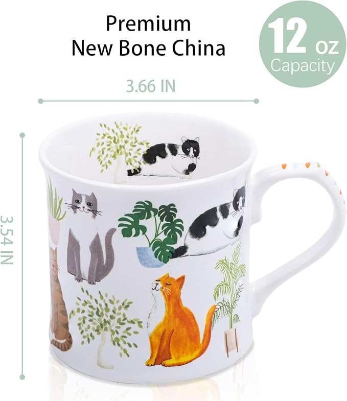 Cute Cats & Plants Coffee Mug - 12 oz Fine New Bone China Coffee Tea Cup - Image 3