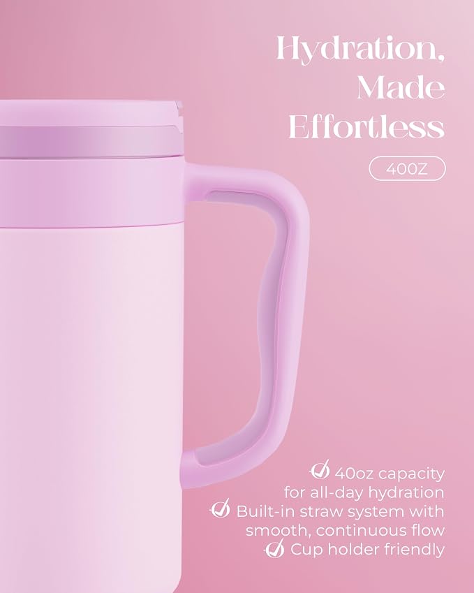 40 oz Insulated Tumbler with Handle and Push-Button Straw Lid, Stainless Steel - Image 5