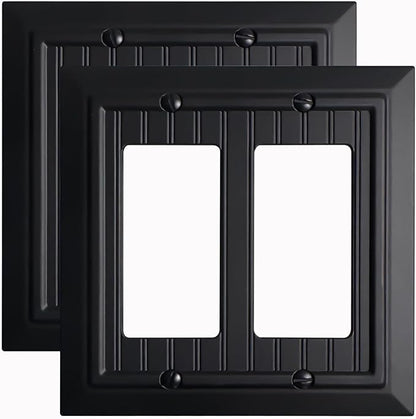 Beadboard Outlet Covers Wall Plates, Bamboo Fiber Light Switch Covers, Natural Material Electric Receptacle Decorative Switch Plate Outlet Cover Matte Black (2 Gang Decorator 2 Pack)