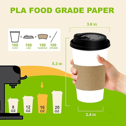 100 Pack 16 oz Disposable Coffee Cups with Lids and Sleeves, To Go Coffee Cups with Lids, Leak-Proof Hot Coffee Cups, PLA White Paper Coffee Cups for Hot Beverage