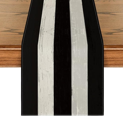 Artoid Mode Black and White Retro Rustic Wood Texture Table Runner, Seasonal by ArtoidMode
