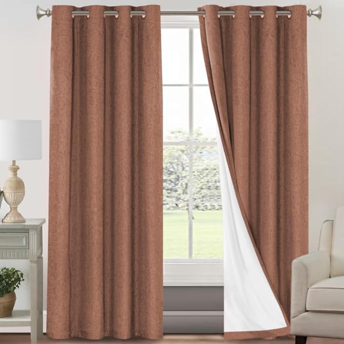 PrinceDeco Blackout Curtains for Bedroom 96 Inches Long Linen Look Curtains for Living Room Black Out Curtains Room Darkening Thermal Curtains with White Liner Backing for Nursery Decor,Washed Spice
