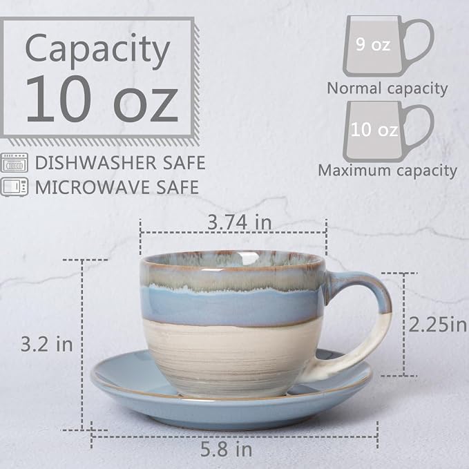 Bosmarlin Ceramic Cappuccino Cup and Saucer Set of 2, 10 Oz, Coffee Cups - Image 2