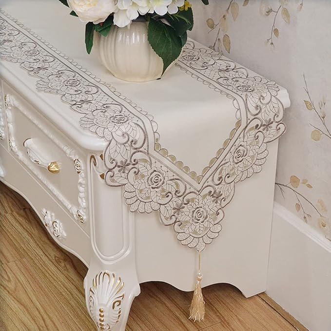 Arzoe Embroidered Lace Table Runner Elegant Vintage Mantel Scarf Dresser - Image 7