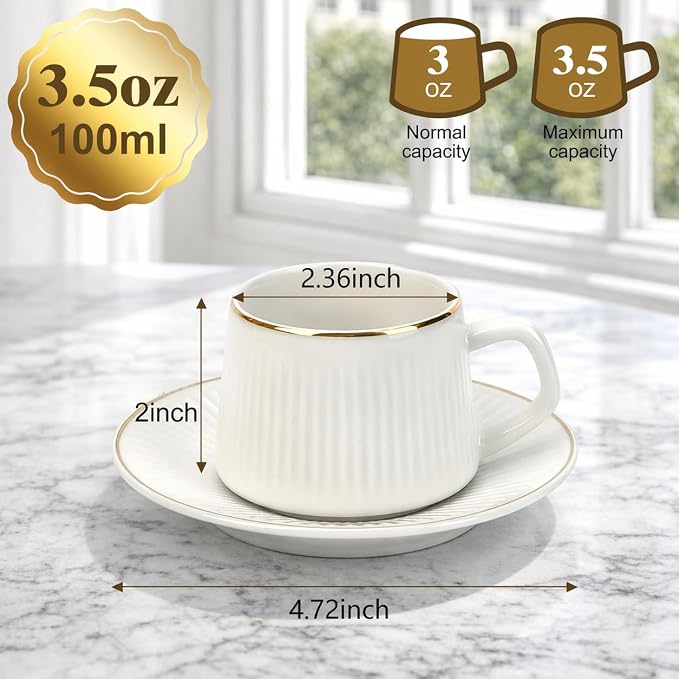 3oz Coffee Cup Set of 6 with Saucers, Porcelain Coffee Cups with Handles - Image 3
