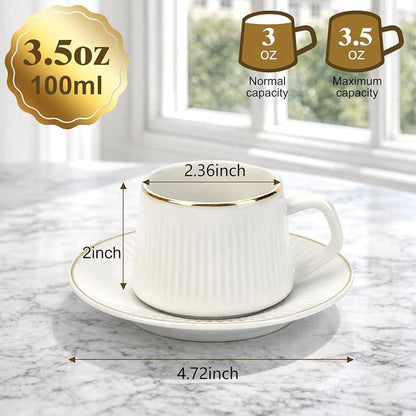 3oz Coffee Cup Set of 6 with Saucers, Porcelain Coffee Cups with Handles - Image 3