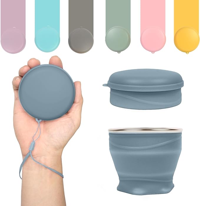 Collapsible Travel Cup with Lid - 6oz Mini Silicone Folding Cup with Stainless by zhuzhiloono
