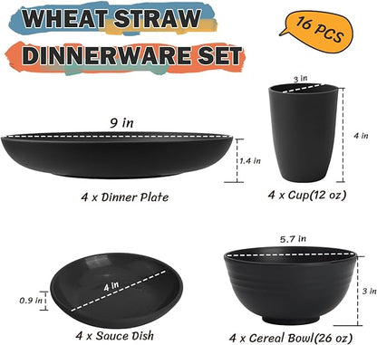 Wheat Straw Dinnerware Sets 16 PCS, Unbreakable Kids Plates and Bowls for 4-9 IN Plates, 26 OZ Cereal Bowls, 2 OZ Dipping Bowl, 12 OZ Cups, Dishwasher & Microwave Safe Plate Set - Black