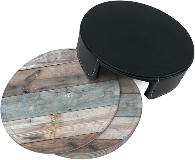 6 Pcs Rustic Wooden Vintage Western Country Blue Gray Leather Coasters - Image 5