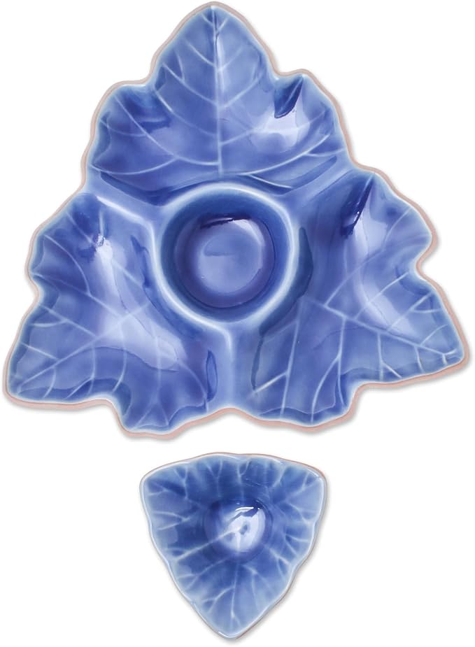 NOVICA Artisan Handmade Ceramic Appetizer Dishes Blue Leaf from Thailand Pair - Image 3