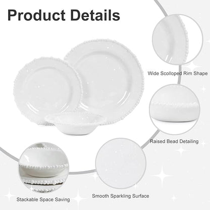 White Pearl Melamine Dinnerware Set, 12-Piece Plastic Dinner Dishes Set, Service for 4 Unbreakable Kitchen Plates and Bowls Set