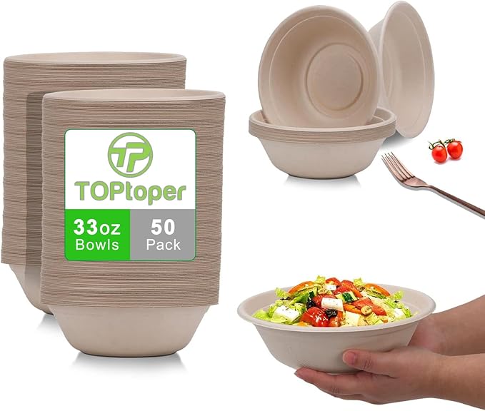 TOPtoper 33Oz 50Pack Large Paper Bowls, Disposable Bowls Bulk Leakproof and by TOPtoper