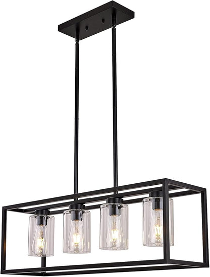XILICON Black Dining Room Chandeliers Lighting Fixture Linear Pendant Modern 4-Light with Glass Shades Vintage Farmhouse Ceiling Light Hanging for Kitchen Island Cafe Bar