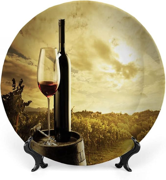 Ceramic Plates, Wine Decorative Ceramic Plates, Red Wine Bottle and Glass on Wooden Barrel, 10 Inch, for Dining, Parties, Wedding, Light Coffee Green Black