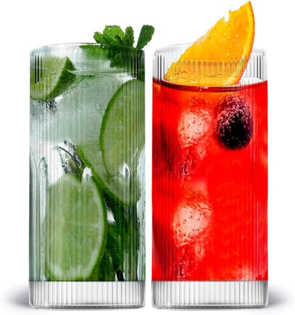LEMONSODA Vintage Straight Line Highball Cocktail Drinking Glasses and Tumblers 10oz, 12oz (12 oz, Set of 2) [2072]