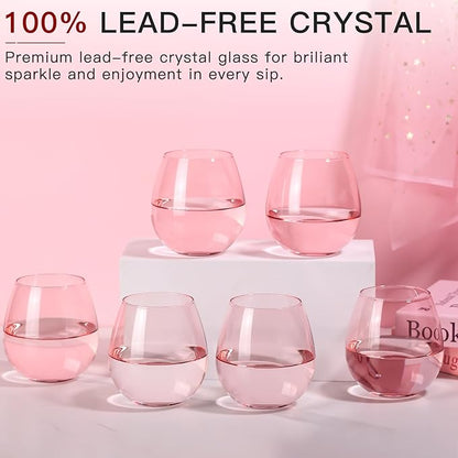Pink Wine Glasses Set of 6-15oz -Colored Stemless Hand-Blown Wine Glasses, European Design Crystal Glass For Red & White Wine, Unique Gifts for Wedding, Birthday,Valentine's Day