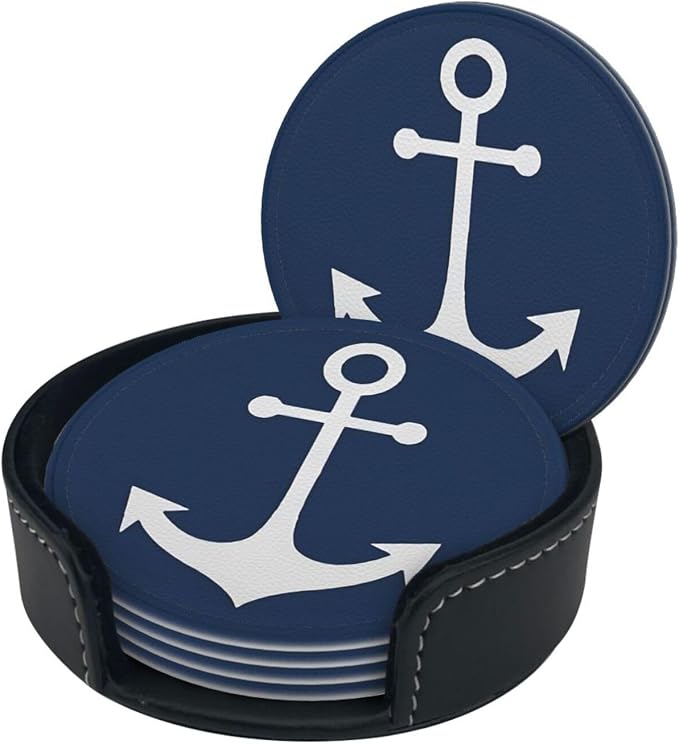 White Nautical Anchor On Navy Blue Premium Leather Coasters - Image 3