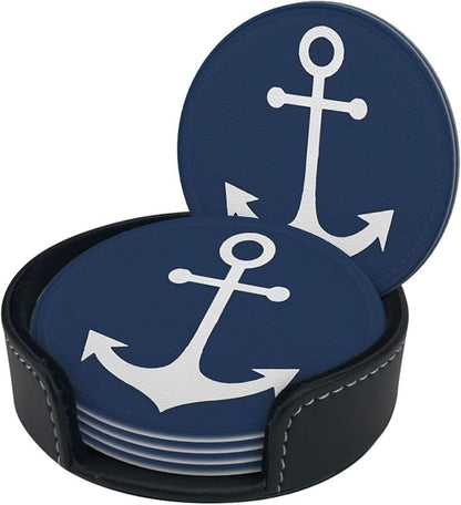 White Nautical Anchor On Navy Blue Premium Leather Coasters - Image 3