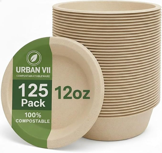 12 oz Beige Compostable Paper Bowls [125-Pack] – Heavy-Duty & Leak-Resistant Disposable Bowls, Natural Sugarcane Bagasse Fiber, Microwave-Safe, Eco-Friendly for Parties, Catering & Everyday