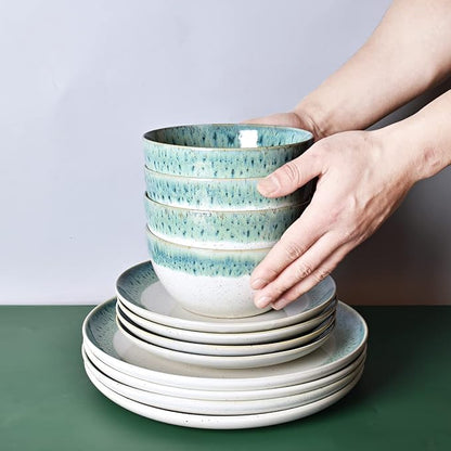 Bosmarlin Stoneware Soup Bowl Set of 4, 26 Oz, Cereal Bowl for Oatmeal, Dishwasher and Microwave Safe, Reactive Glaze (Turquoise Green, 6 in)