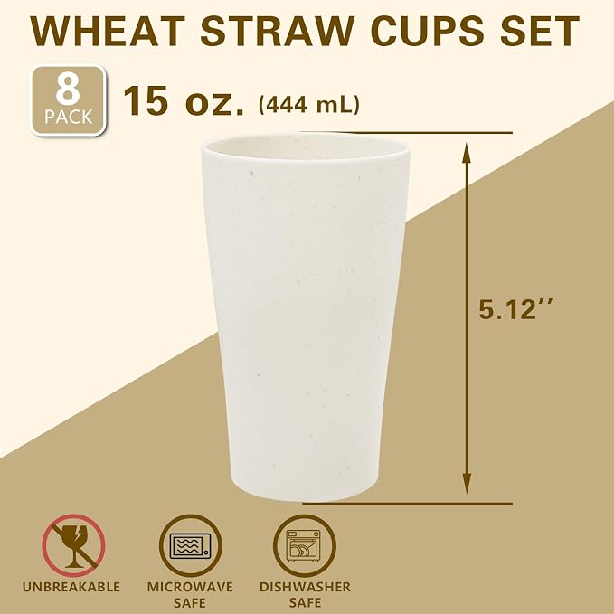 ejonirinjonir EI 8pcs Wheat Straw Cups, 15oz Beige Unbreakable Plastic Reusable - Image 2
