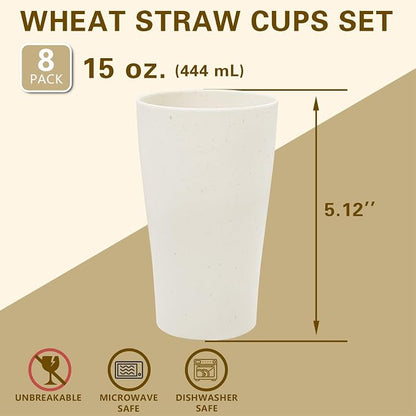 ejonirinjonir EI 8pcs Wheat Straw Cups, 15oz Beige Unbreakable Plastic Reusable - Image 2