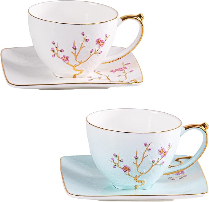 KAMMAK Tea Cups and Saucers Set of 2, Fine Bone China Coffee Cups, GH025 | by KAMMAK