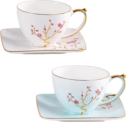 KAMMAK Tea Cups and Saucers Set of 2, Fine Bone China Coffee Cups, GH025 | by KAMMAK