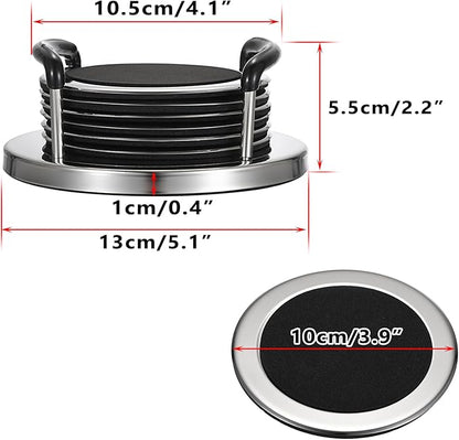 JUXYES Set of 6 Stainless Steel Round Coasters with Holder & Sponge Bottom, Silver Black Metal Cup Coasters Set Stunning Cool Coaster Cups Mats Decor for Restaurant Kitchen bar Dining Table
