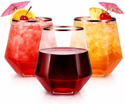 Oojami 40 Pack Disposable Wine Glasses 12 oz Diamond Stemless Plastic | Rose by Oojami