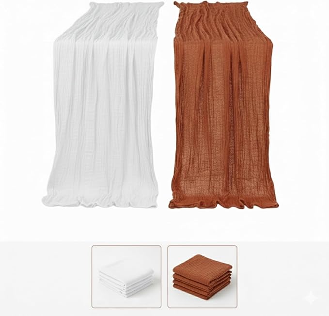 Cheesecloth Table Runner 2 Pack White and Terracotta, Boho Gauze Table Runner - Image 3
