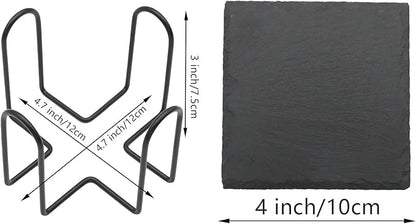 12 Pack Slate Drink Coasters with Metal Holder, VIBRATITE 4 Inch Black Slate Stone Coasters Bulk Laser Engraving Blanks with Anti-Scratch Bottom for Drink Coffee Bar Kitchen Home Decor, Square