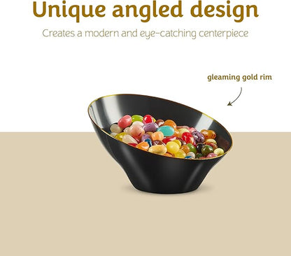 PLASTICPRO Angled Plastic Bowls Disposable Small Plastic Black Serving Bowls with Gold Rim for Party for Appetizer Salads Pack of 8
