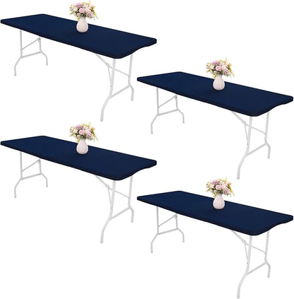 4 Pack Spandex Table Top Cap Cover Stretch Fitted Washable Elastic Rectangle Tablecloth for 6 FT Folding Tables for Indoor Outdoor Party (72 x 30 Inches, Navy Blue)