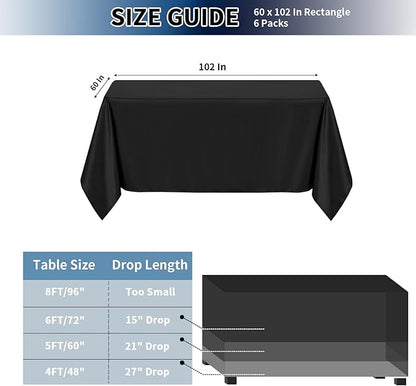 PureFit 6 Pack Rectangle Black Table Cloths 60 x 102 Inch for 6Ft Tables, Stain and Wrinkle Resistant Table Linens for Home Use, Wedding, Party, Banquet and Camping