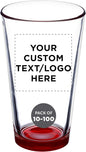 DISCOUNT PROMOS Custom Beer Pint Glasses 16 oz. Set of 10/50/100, Personalized Bulk Pack - Heavy Duty Glassware for Restaurant, Thick Base and Walls, Stackable - Red