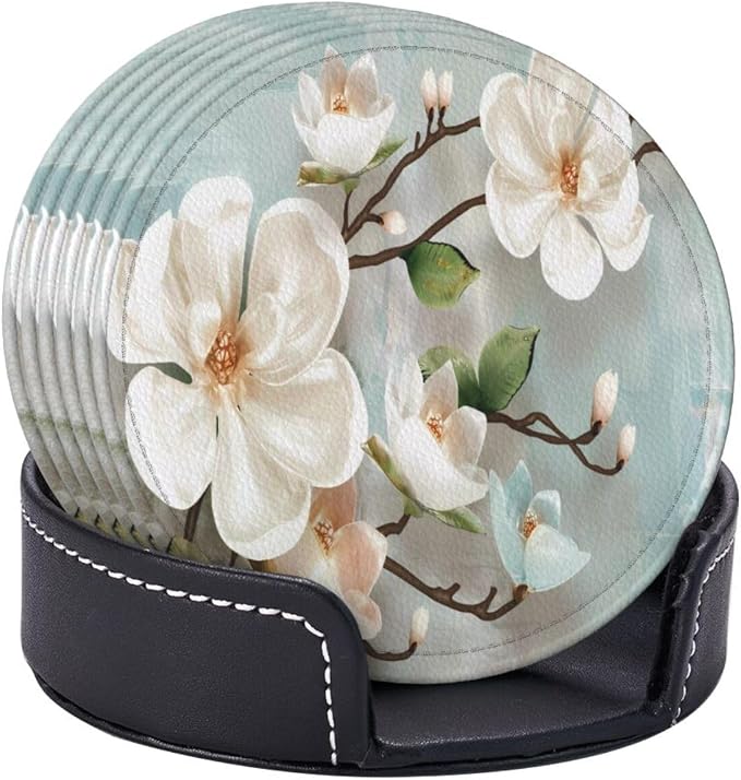 6 Pcs Spring White Blossom Magnolia Flowers Leather Coasters - Image 6