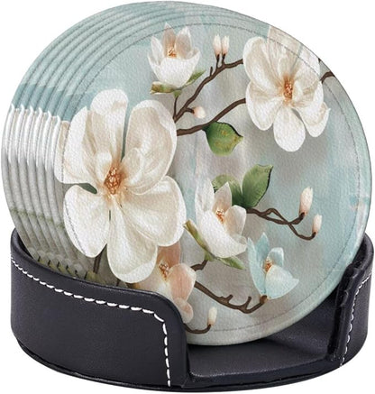 6 Pcs Spring White Blossom Magnolia Flowers Leather Coasters - Image 6